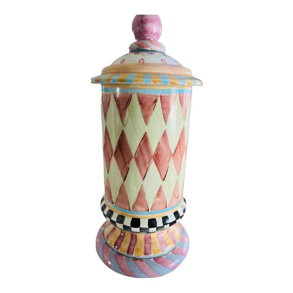Vintage MacKenzie-Childs Large Column Canister & Lid Odd Fellows Collection 17"